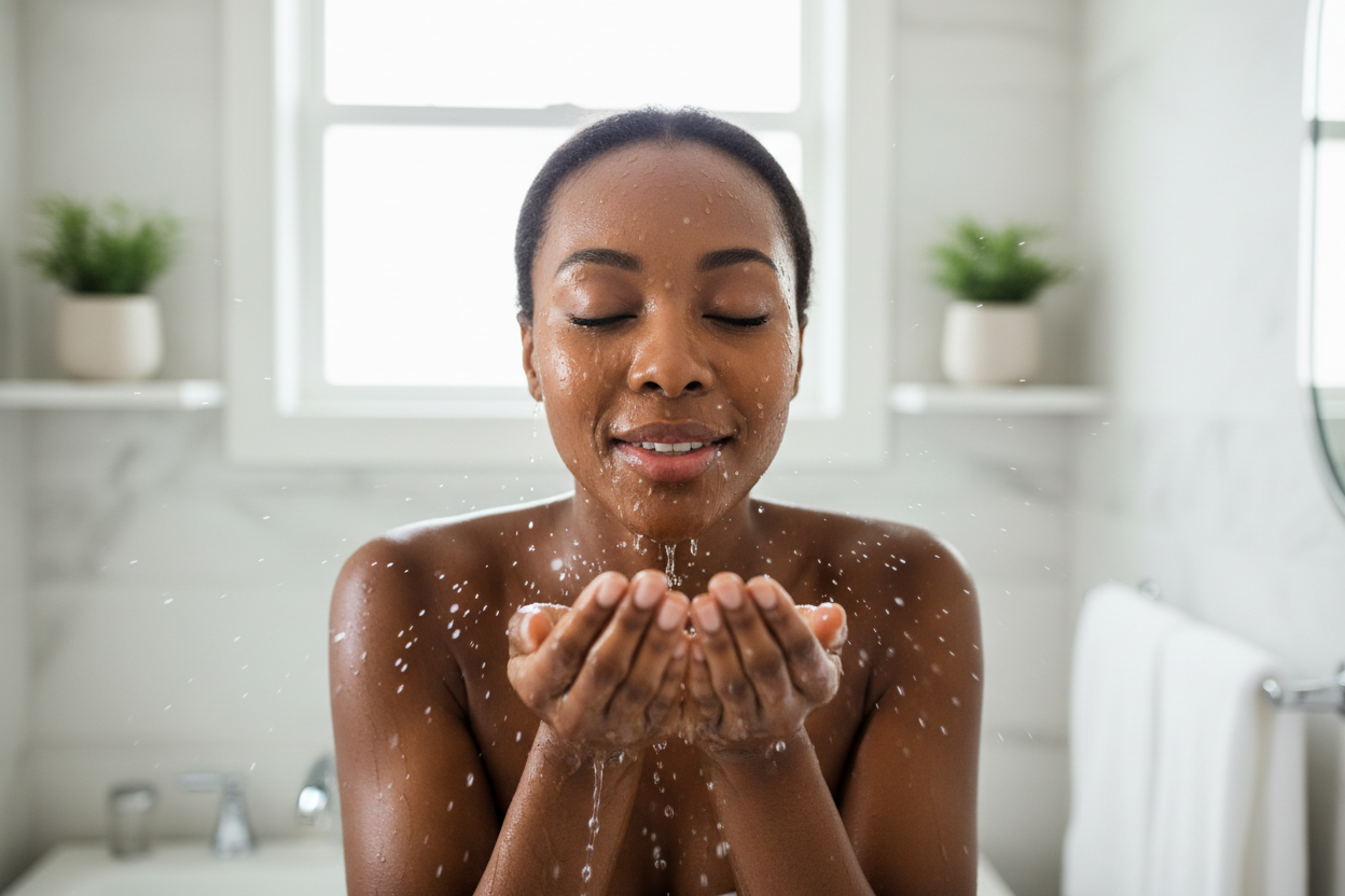 African american woman washing face